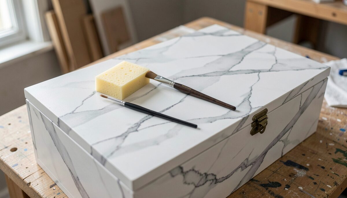 Un dessus de coffre en bois peint en faux marbre blanc veiné de gris, une éponge et un pinceau long fin posés sur la surface encore fraîche.