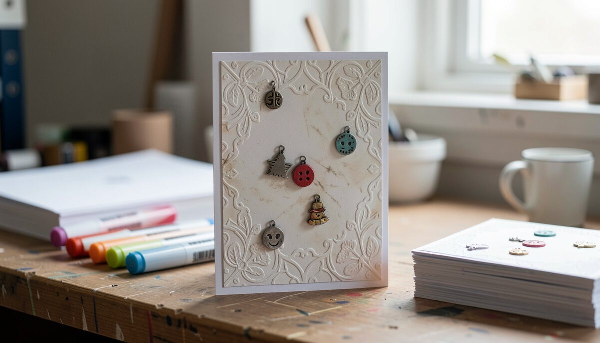 Une carte de voeux faite main debout sur une table, décor de breloques en métal et papier embossé, pile de cartes finies et feutres à côté.