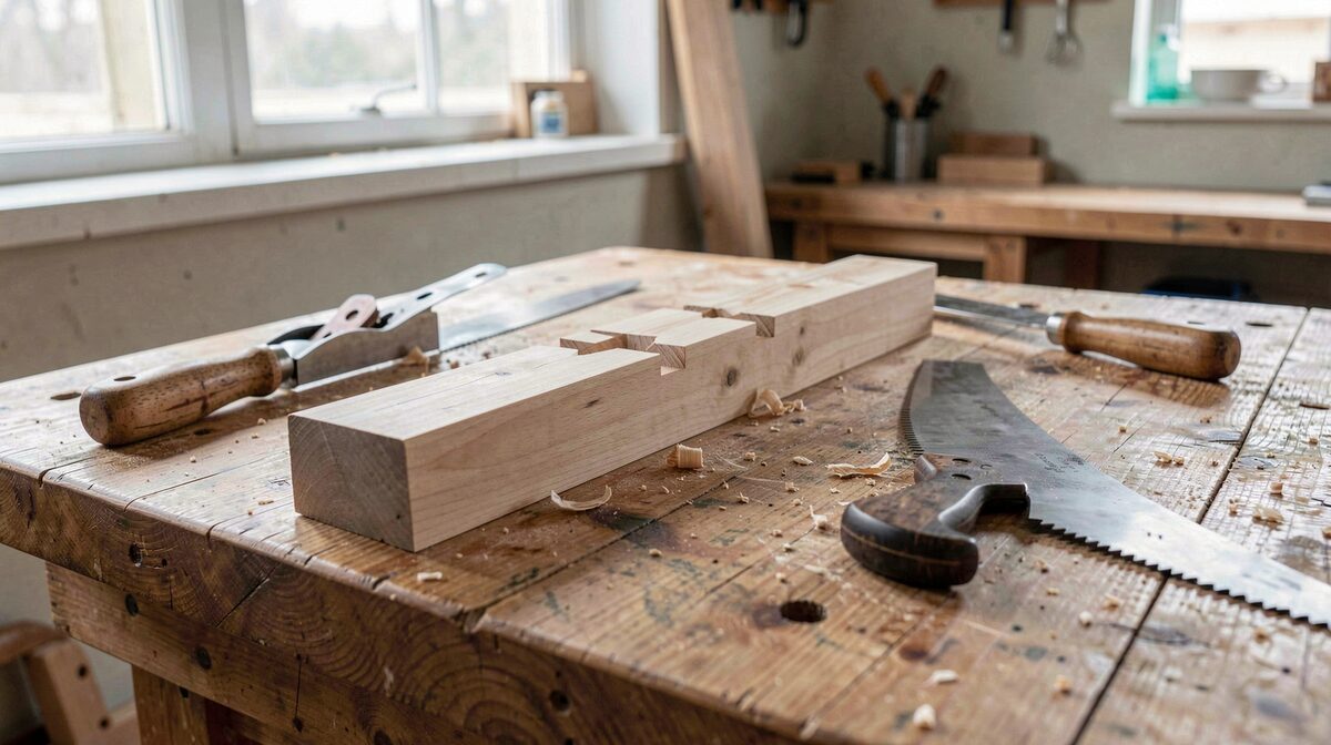 Un établi d'atelier de menuiserie en lumière naturelle latérale, avec un assemblage tenon et mortaise en bois clair partiellement monté, quelques rabots et une scie japonaise posés à côté, cadrage rapproché au niveau du plan de travail.
