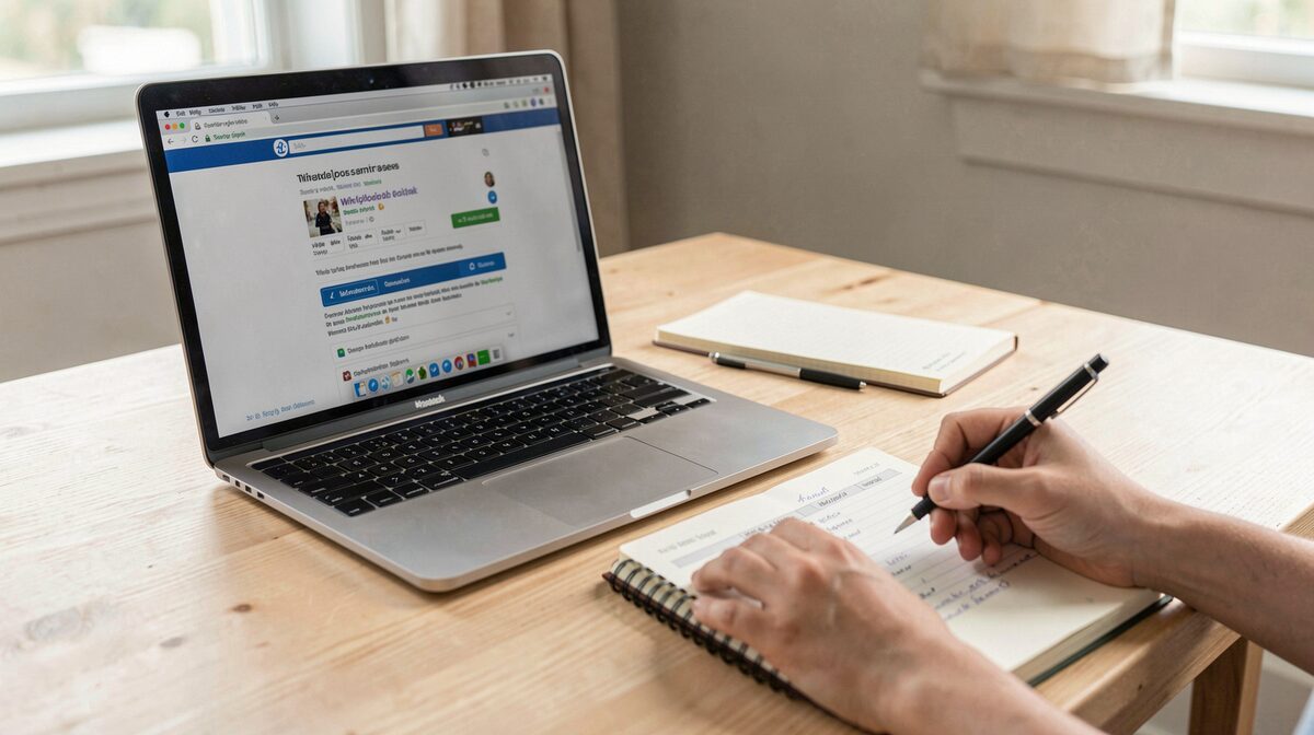 Un bureau en bois clair le matin, un ordinateur portable affichant une page de recherche, un carnet où une main note des vérifications, lumière naturelle latérale, cadrage à hauteur des yeux