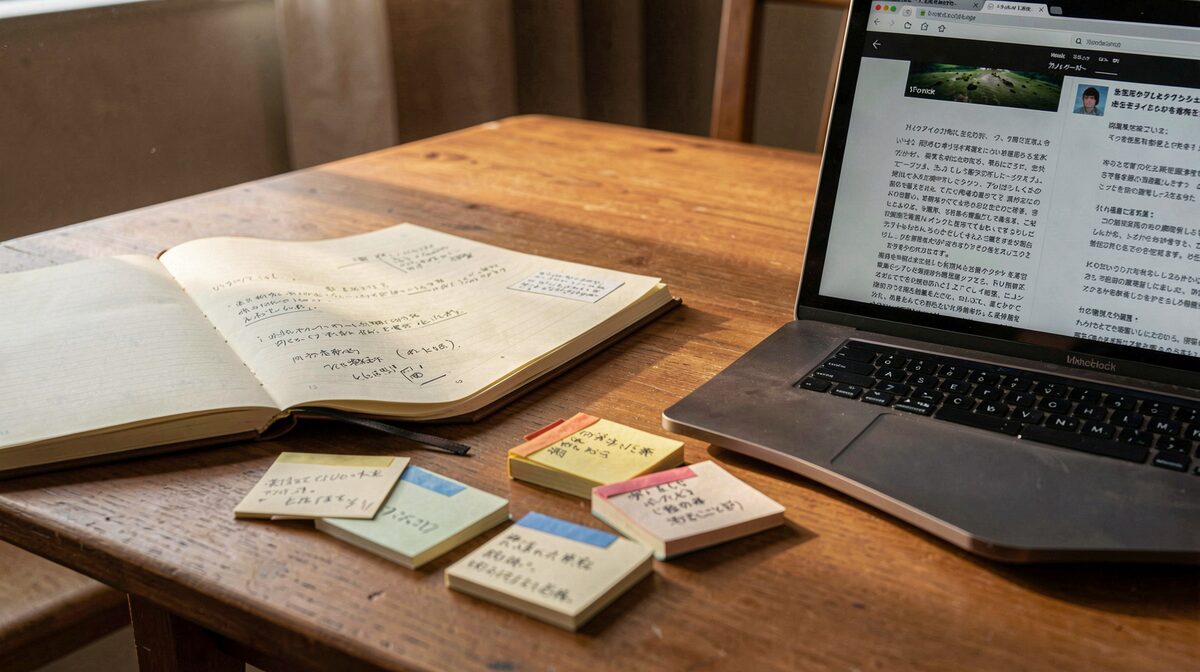 Une table de lecture en fin de journée : un carnet ouvert, des fiches annotées au feutre et un ordinateur portable affichant un article en japonais, lumière latérale chaude, cadrage rapproché à 45 degrés.