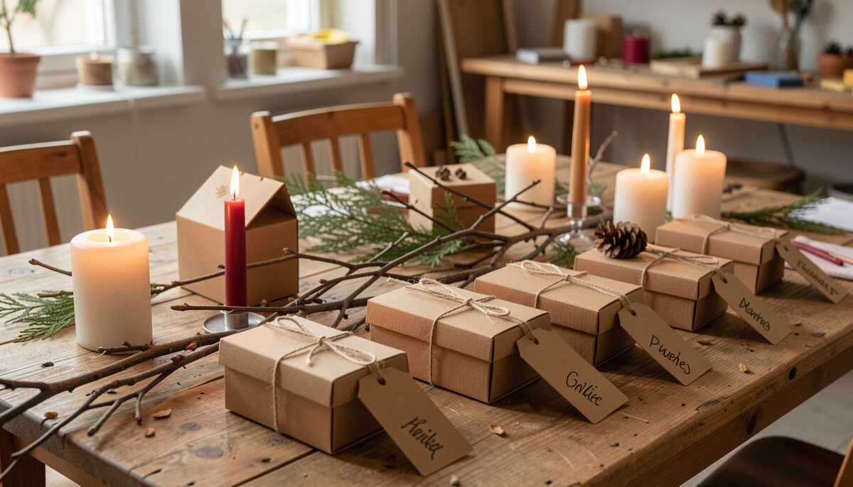 Une table de fête décorée de petites boîtes cartonnées, étiquettes kraft écrites à la main, branchages et bougies, teinte chaude de saison.