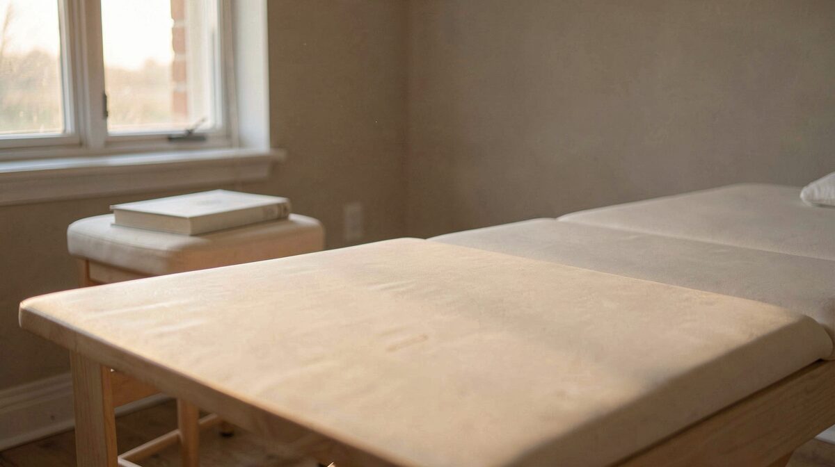 Une table de massage en bois clair dans une pièce calme, lumière douce de fin d'après-midi par une fenêtre, un livre fermé posé sur une chaise, cadrage rapproché sur la toile propre.