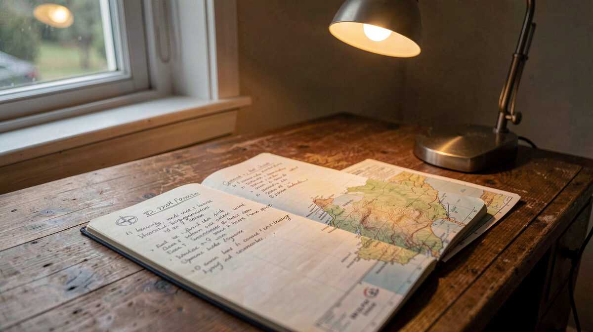 Une table de travail en bois près d'une fenêtre, un carnet ouvert avec des notes manuscrites, une carte topographique pliée et une lampe de bureau allumée en fin d'après-midi, cadrage serré sur la page.