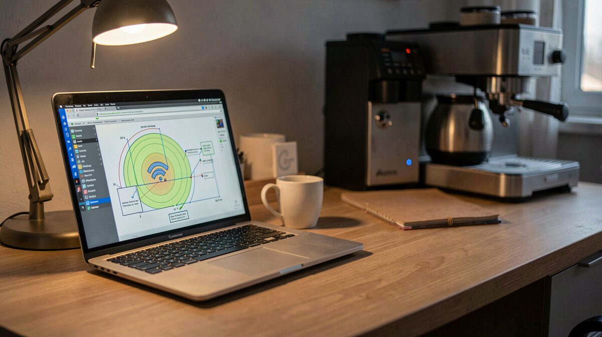 Un bureau d'ingénieur réseau le soir, un ordinateur portable ouvert sur des schémas de couverture Wi-Fi, une lampe de bureau allumée, cadrage rapproché sur le plan et la machine à café en arrière-plan flou.