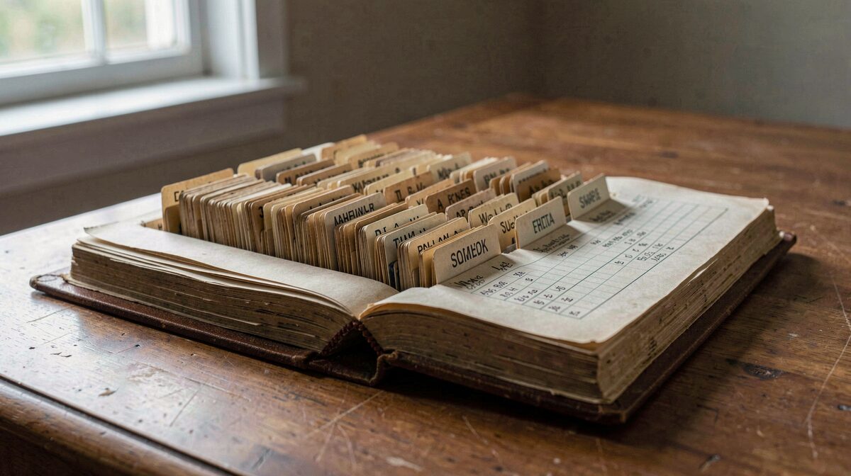 Un vieux registre de classement ouvert sur une table de bureau en bois, fiches cartonnées alignées, lumière du matin venant d'une fenêtre latérale, cadrage serré sur les index alphabétiques.