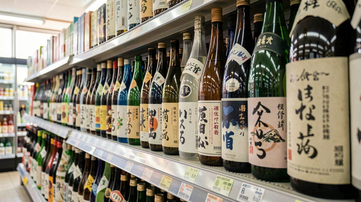 Une étagère de bouteilles de saké japonais alignées dans une épicerie fine, étiquettes lisibles, lumière naturelle latérale, cadrage rapproché horizontal.